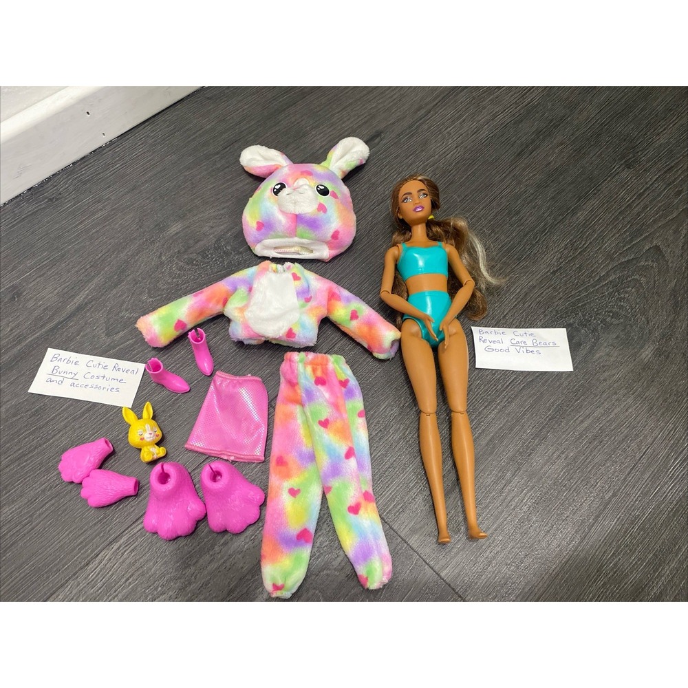 Barbie Cutie Reveal Care Bears Good Vibes Bear Doll Series 2 & Bunny Costume